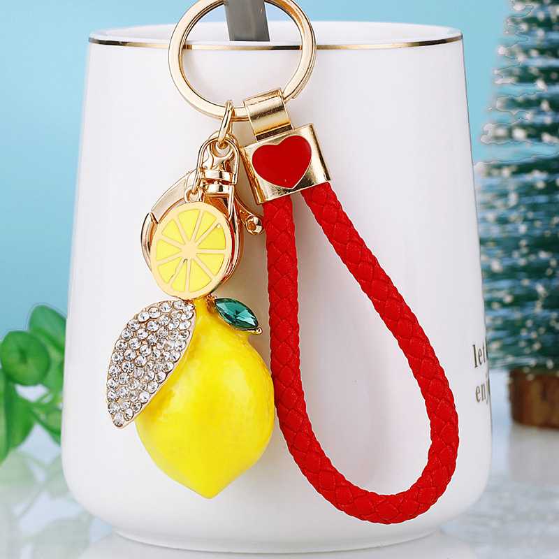 Crystal lemon fruit keychain women’s bag pendant metal keychain ring small gift